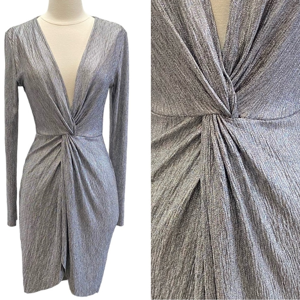 Long Sleeve Plunge V Neckline Metallic Shimmer Mini Dress